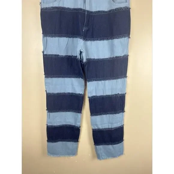Jeans Women’s Blue Y2K Patchwork Size L High Rise Frayed Straight Leg Raw Hem - Picture 3 of 13